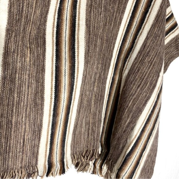 Unisex Brown Tan Striped Woven Alpaca Wool Poncho - Picture 8 of 11